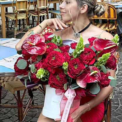 Garden Red Rose & Anthurium Flower Bouquet In A Box - Miami Flower Store Delivery Fort Lauderdale