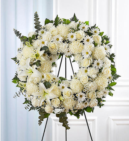 Open Funeral Wreath With White Fresh Lilies, Roses, Daises And Ribbon - Miami Flower Store Same-Day Delivery Fort Lauderdale Brickell Aventura Las Olas Hallendale Beach Hollywood Sunny Isles