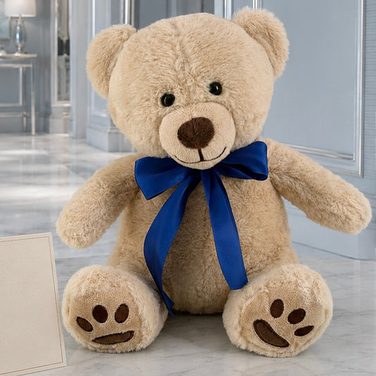 12" Beige Sitting Stuffed Teddy Bear With A Blue Bow - Miami Flower Store Same-Day Delivery Fort Lauderdale Brickell Aventura Las Olas Hallendale Beach Hollywood Sunny Isles