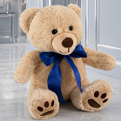 12" Beige Sitting Stuffed Teddy Bear With A Blue Bow