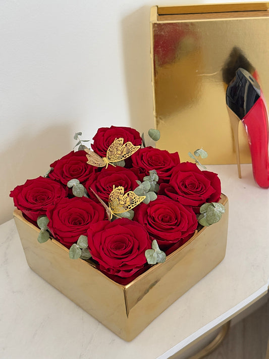 Preserved Red Roses Flower Bouquet In A Golden Vase With Butterflies - Miami Flower Store Same-Day Delivery Fort Lauderdale Brickell Aventura Las Olas Hallendale Beach Hollywood Sunny Isles