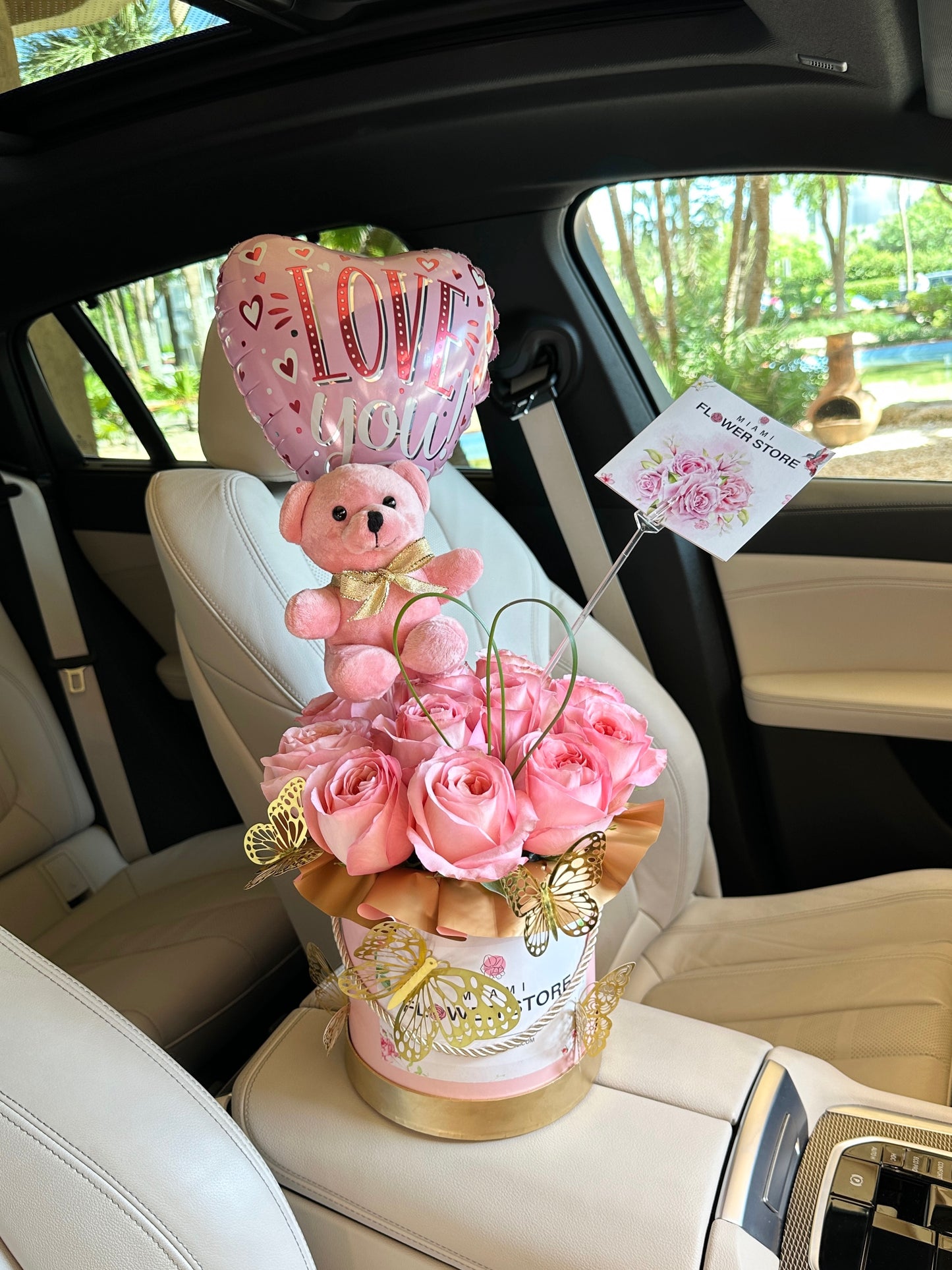 Rose Flower Bouquet In A Box With Butterflies, Bear And Balloon - Miami Flower Store Same-Day Delivery Fort Lauderdale Brickell Aventura Las Olas Hallendale Beach Hollywood Sunny Isles