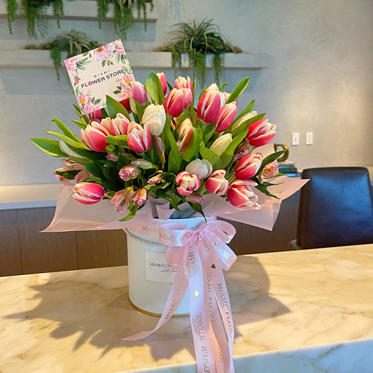 Tulips Flower Bouquet In A Box - Miami Flower Store Same-Day Delivery Fort Lauderdale Brickell Aventura Las Olas Hallendale Beach Hollywood Sunny Isles