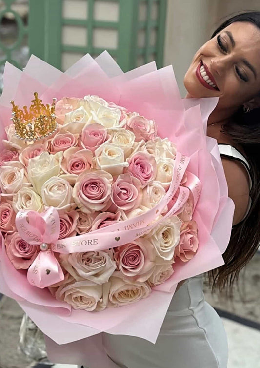 50 Pink and White Rose Flower Bouquet With Crown - Miami Flower Store Same-Day Delivery Fort Lauderdale Brickell Aventura Las Olas Hallendale Beach Hollywood Sunny Isles