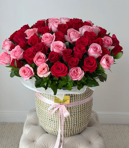Luxury Pink & Red Rose Basket In Miami/75 Rose Bouquet Long Stem