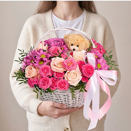 Teddy Bear & Flower Basket| Miami Flower Store - Miami Flower Store Same-Day Delivery Fort Lauderdale Brickell Aventura Las Olas Hallendale Beach Hollywood Sunny Isles
