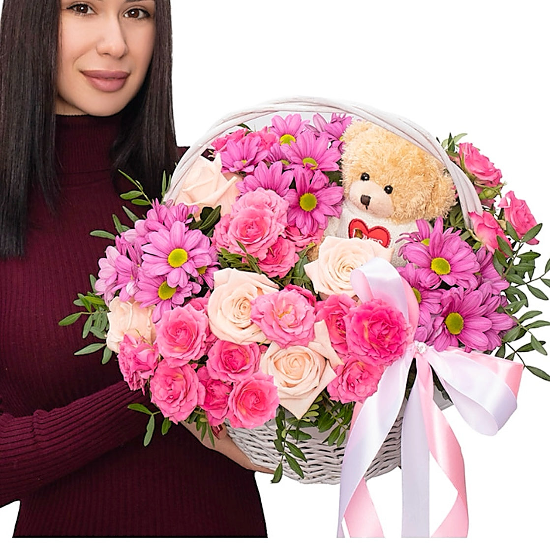 Teddy Bear & Flower Basket| Miami Flower Store - Miami Flower Store Same-Day Delivery Fort Lauderdale Brickell Aventura Las Olas Hallendale Beach Hollywood Sunny Isles