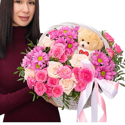 Teddy Bear & Flower Basket| Miami Flower Store - Miami Flower Store Same-Day Delivery Fort Lauderdale Brickell Aventura Las Olas Hallendale Beach Hollywood Sunny Isles