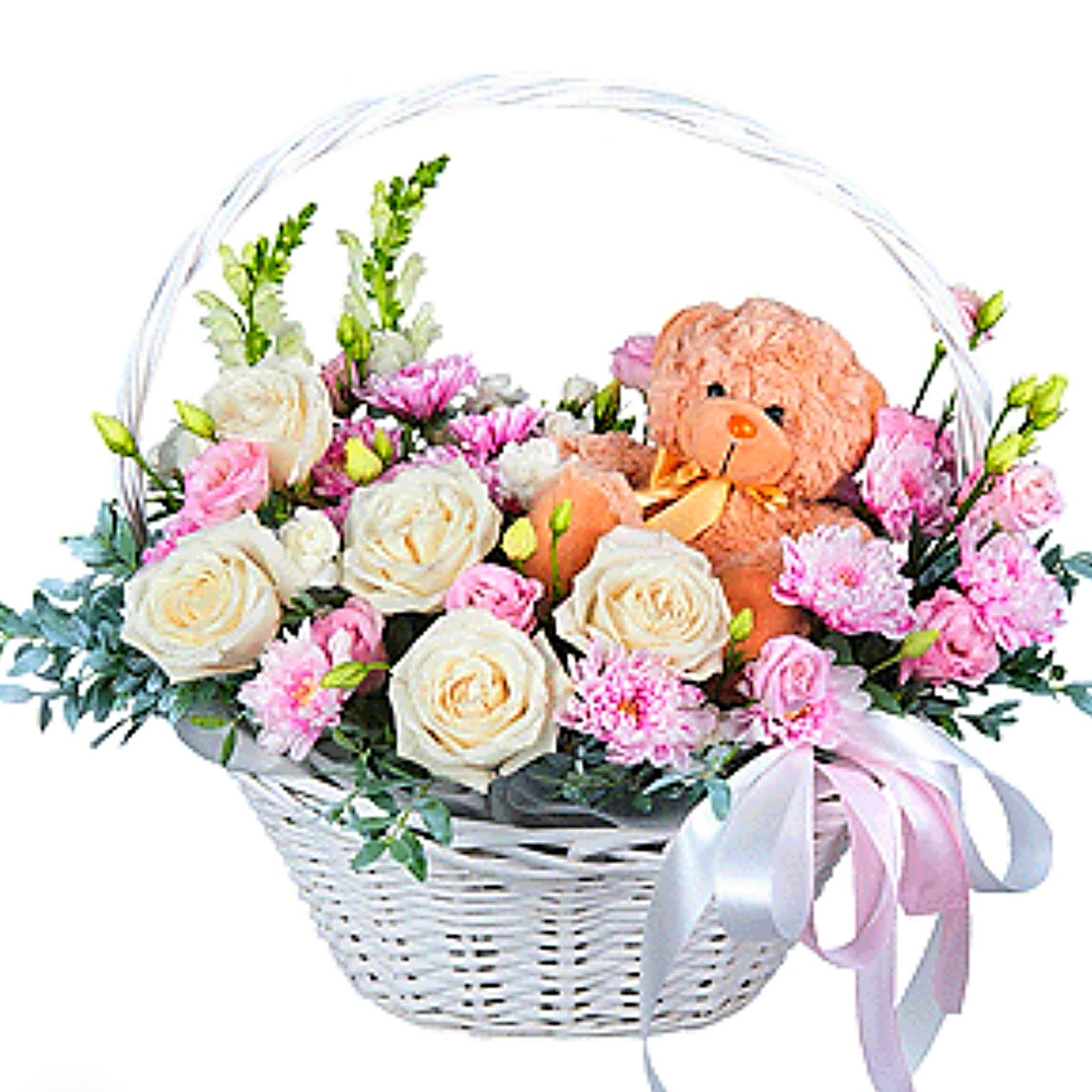 Teddy Bear & White Flower Basket With Roses| Miami Flower Store (Copy) - Miami Flower Store Same-Day Delivery Fort Lauderdale Brickell Aventura Las Olas Hallendale Beach Hollywood Sunny Isles