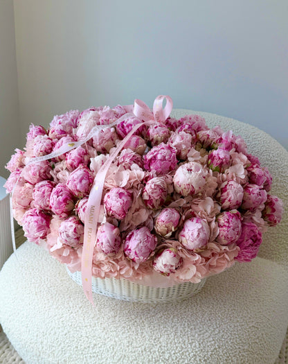 Pink Peonies Flower Basket - Miami Flower Store Same-Day Delivery Fort Lauderdale Brickell Aventura Las Olas Hallendale Beach Hollywood Sunny Isles