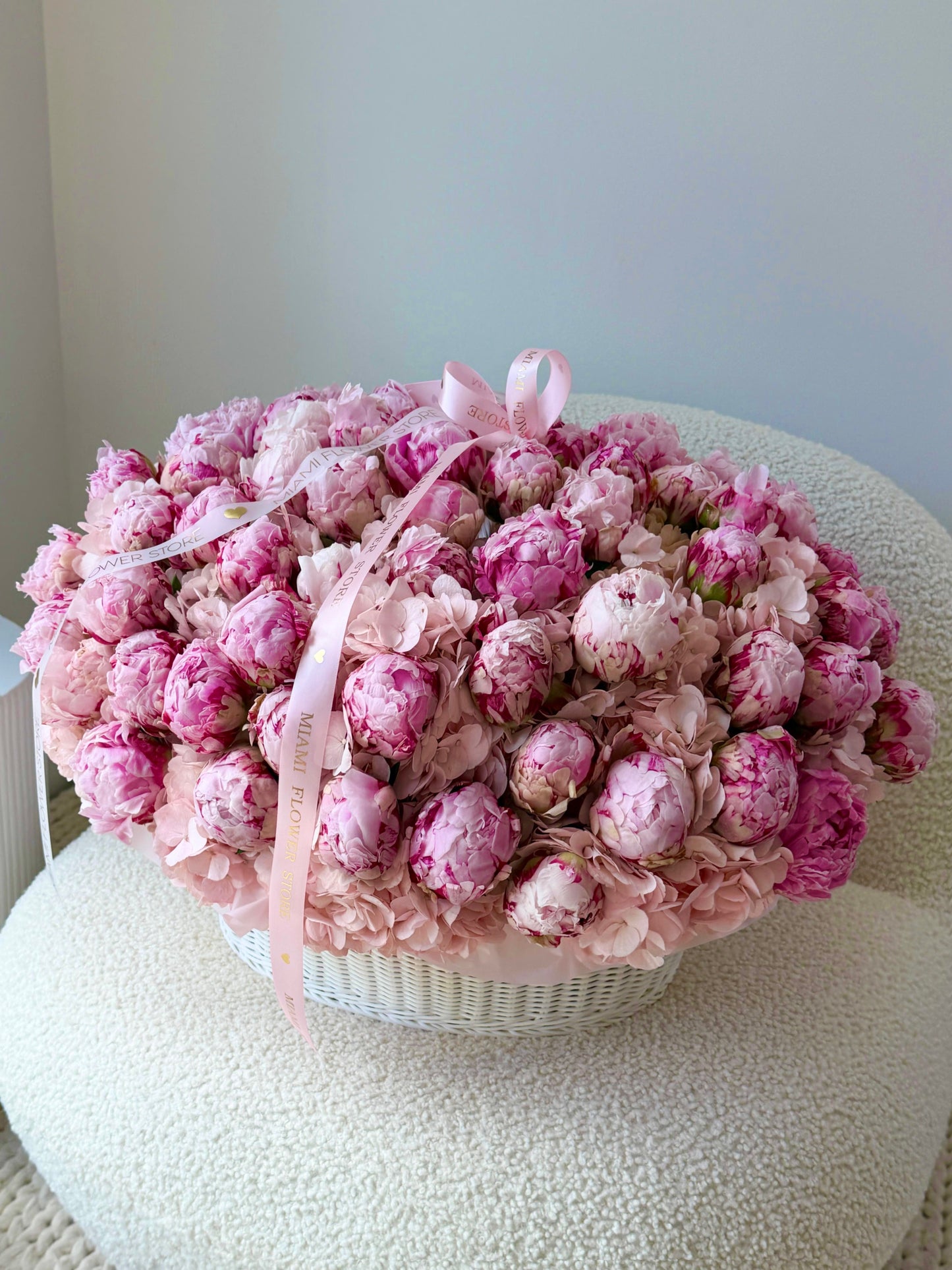 100 Pink Luxury Peonies With Pink Hydrangea In A Basket - Miami Flower Store Same-Day Delivery Fort Lauderdale Brickell Aventura Las Olas Hallendale Beach Hollywood Sunny Isles