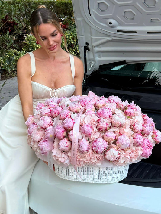 Pink Peonies Flower Basket - Miami Flower Store Same-Day Delivery Fort Lauderdale Brickell Aventura Las Olas Hallendale Beach Hollywood Sunny Isles