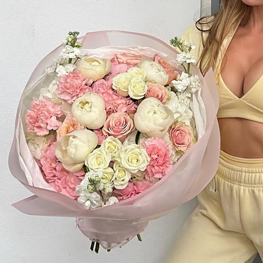 Peony Flower Bouquet With Hydrangea And Carnations - Miami Flower Store Same-Day Delivery Fort Lauderdale Brickell Aventura Las Olas Hallendale Beach Hollywood Sunny Isles