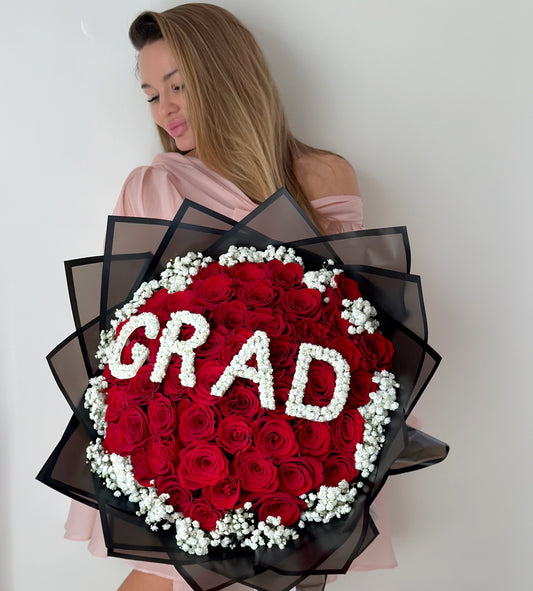 Graduation Red Rose Flower Bouquet/ 50 Red Roses Bouquet - Miami Flower Store Same-Day Delivery Fort Lauderdale Brickell Aventura Las Olas Hallendale Beach Hollywood Sunny Isles