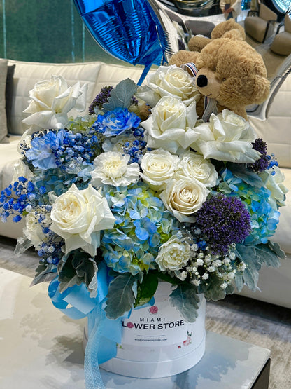 Baby Boy Blue Flowers In A Box, Teddy Bear & 3 Blue Balloons - Miami Flower Store Delivery Fort Lauderdale