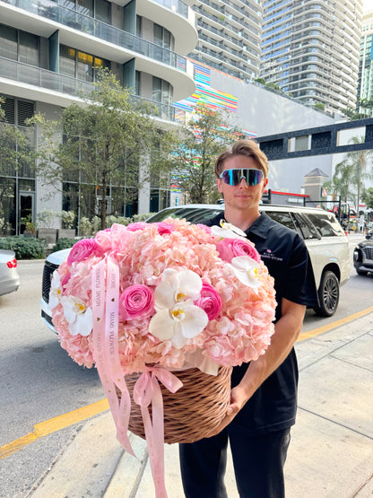 Hydrangea Flower Basket / Ranunculus And White Orchids - Miami Flower Store Same-Day Delivery Fort Lauderdale Brickell Aventura Las Olas Hallendale Beach Hollywood Sunny Isles