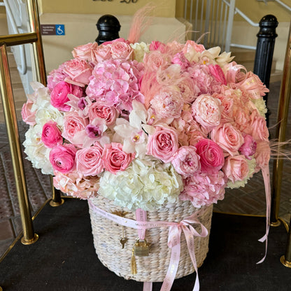 Peonies In A Basket In Miami With Roses, Hydrangea, Ranunculus - Miami Flower Store Same-Day Delivery Fort Lauderdale Brickell Aventura Las Olas Hallendale Beach Hollywood Sunny Isles