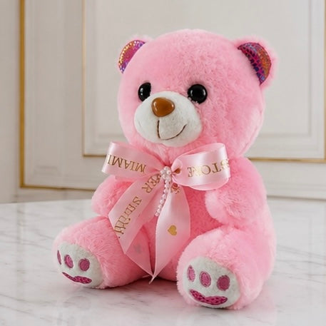 10" Sitting Pink Stuffed Teddy Bear With Bow