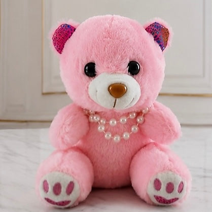 10" Sitting Pink Stuffed Teddy Bear With A String Of Perls - Miami Flower Store Same-Day Delivery Fort Lauderdale Brickell Aventura Las Olas Hallendale Beach Hollywood Sunny Isles