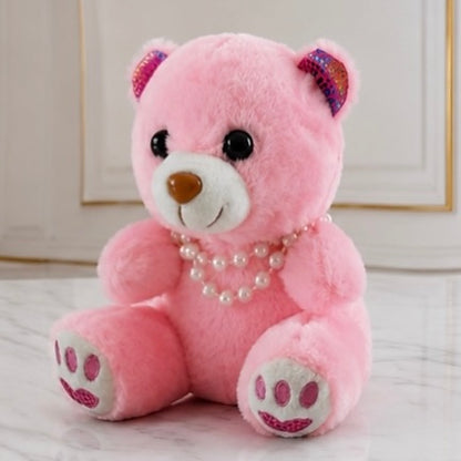 10" Sitting Pink Stuffed Teddy Bear With A String Of Perls
