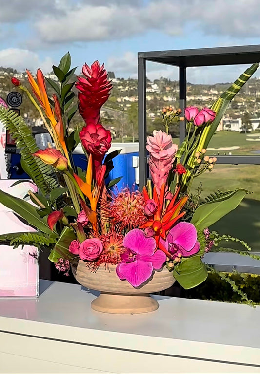 Exotic Flower Table Centerpiece - Tropical Protea, Orchids, Bird Of Paradise, Ginger. - Miami Flower Store Same-Day Delivery Fort Lauderdale Brickell Aventura Las Olas Hallendale Beach Hollywood Sunny Isles