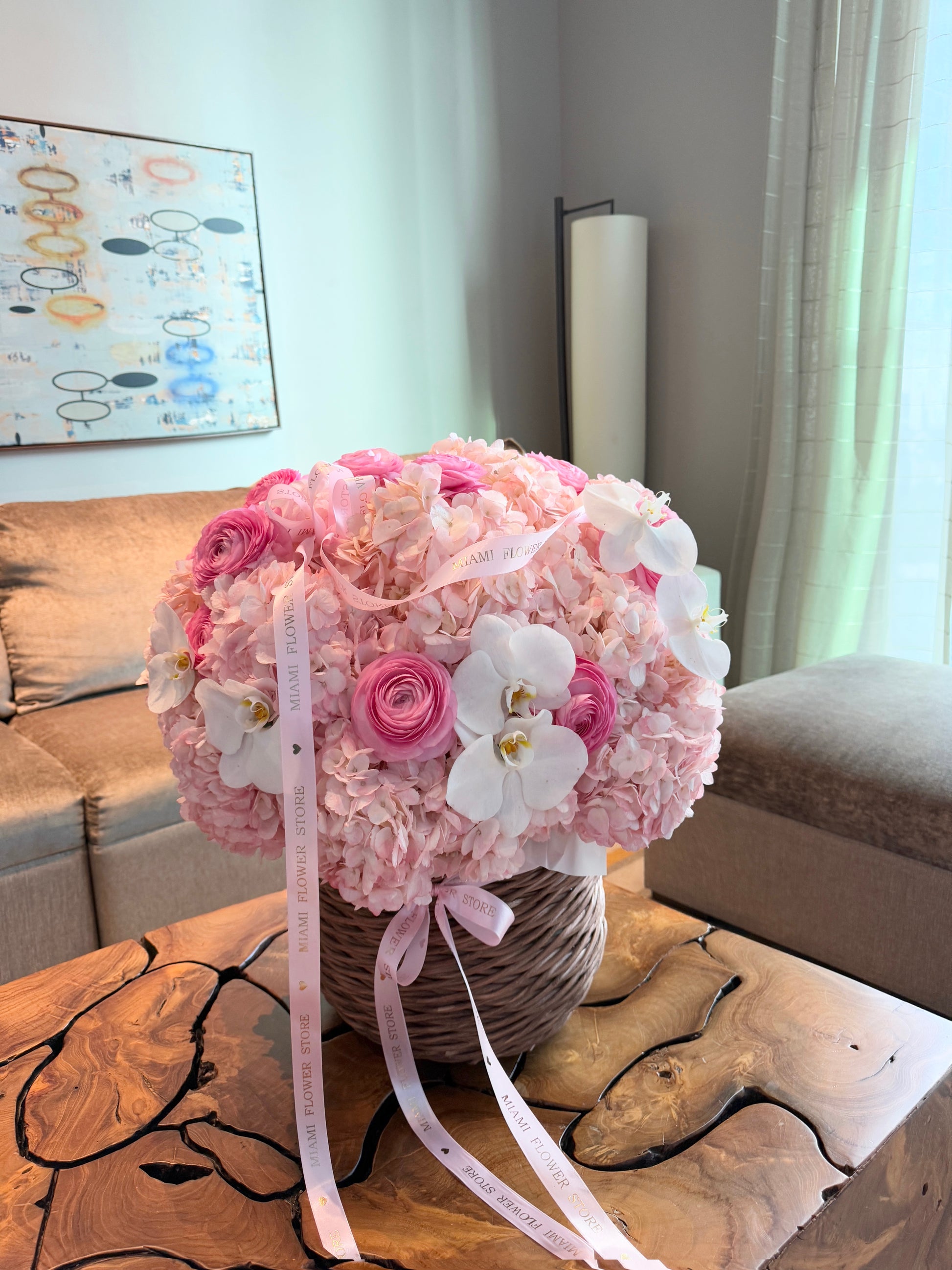 Hydrangea Flower Basket / Ranunculus And White Orchids - Miami Flower Store Same-Day Delivery Fort Lauderdale Brickell Aventura Las Olas Hallendale Beach Hollywood Sunny Isles