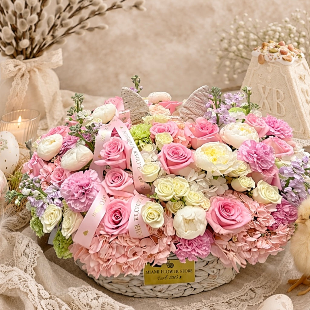 Easter Flower Basket Arrangement/ Egg And Flower Easter Basket - Miami Flower Store Same-Day Delivery Fort Lauderdale Brickell Aventura Las Olas Hallendale Beach Hollywood Sunny Isles