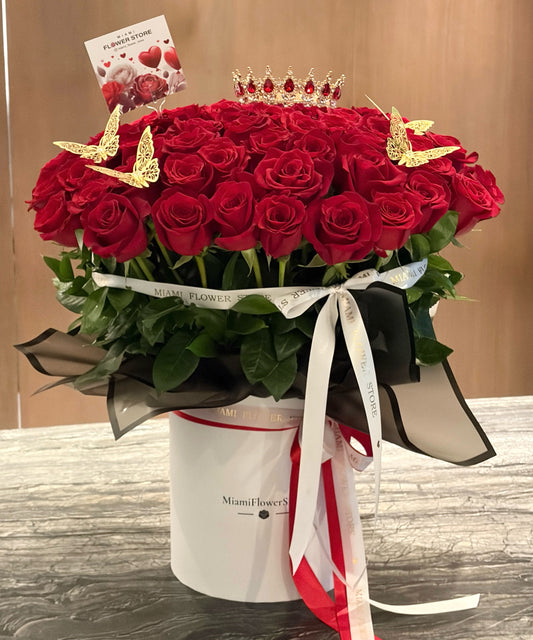 75 Luxury Red Rose Flower Bouquet In A Box w/ Crown & Butterflies - Miami Flower Store Same-Day Delivery Fort Lauderdale Brickell Aventura Las Olas Hallendale Beach Hollywood Sunny Isles