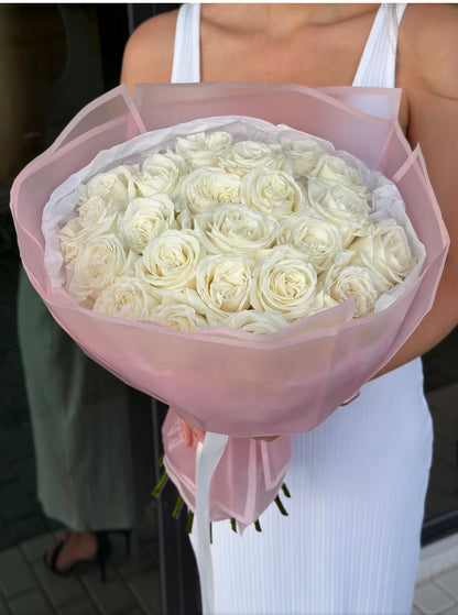 25 White Rose Flower Bouquet - Miami Flower Store Same-Day Delivery Fort Lauderdale Brickell Aventura Las Olas Hallendale Beach Hollywood Sunny Isles