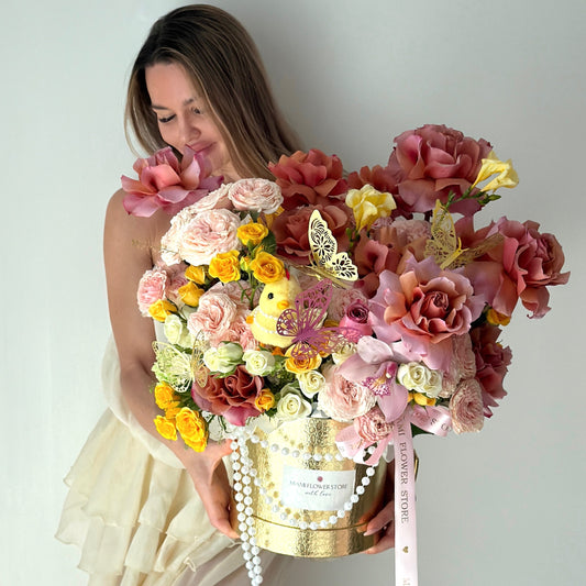 Bloom Flower Bouquet With Roses & Butterflies - Miami Flower Store Same-Day Delivery Fort Lauderdale Brickell Aventura Las Olas Hallendale Beach Hollywood Sunny Isles