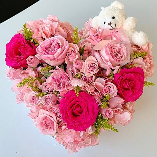 Heart Shaped Flower Box With Pink Roses & Cute Teddy Bear - Miami Flower Store Same-Day Delivery Fort Lauderdale Brickell Aventura Las Olas Hallendale Beach Hollywood Sunny Isles