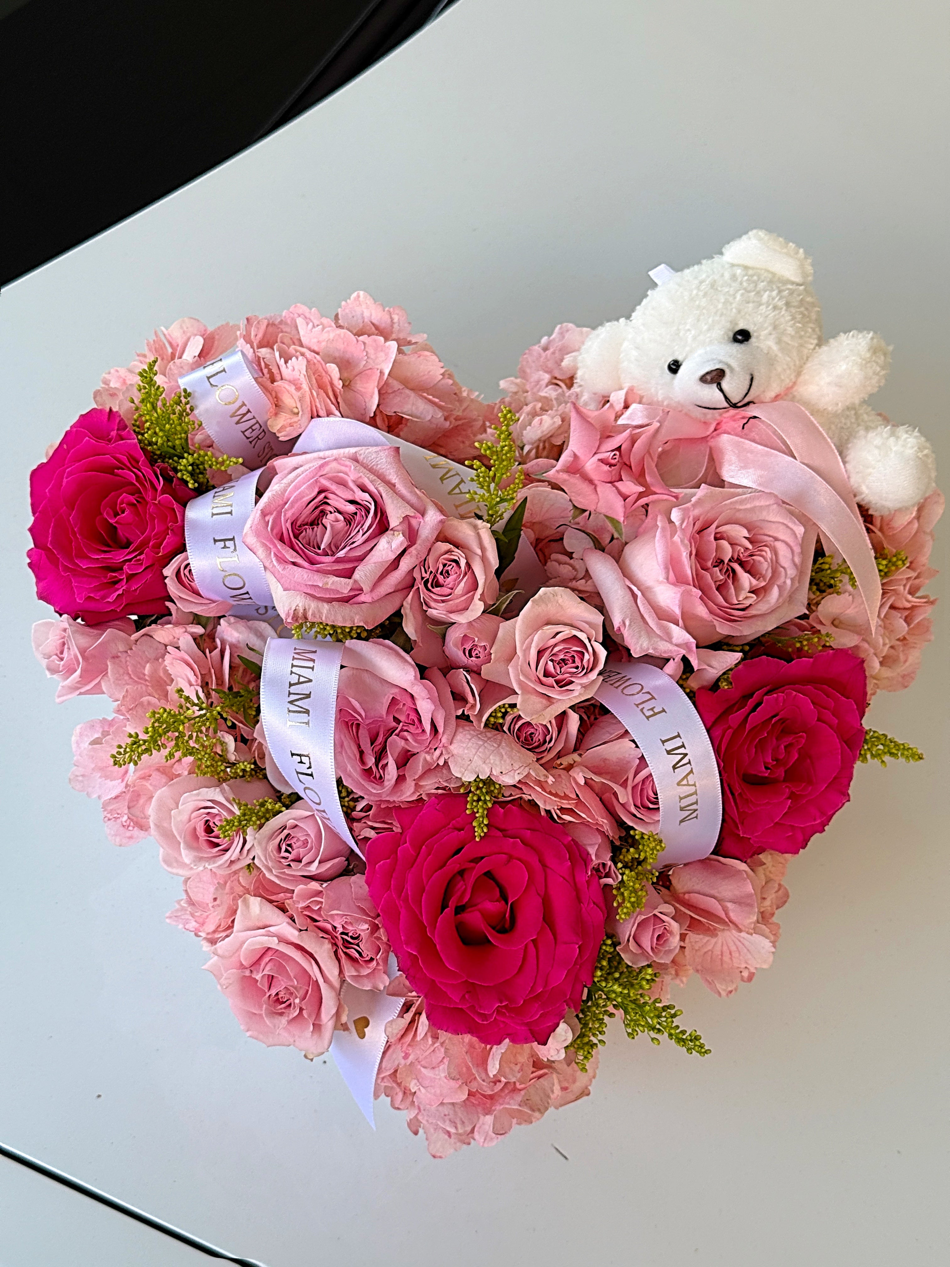 Heart Shaped Flower Box with Pink Roses & Teddy