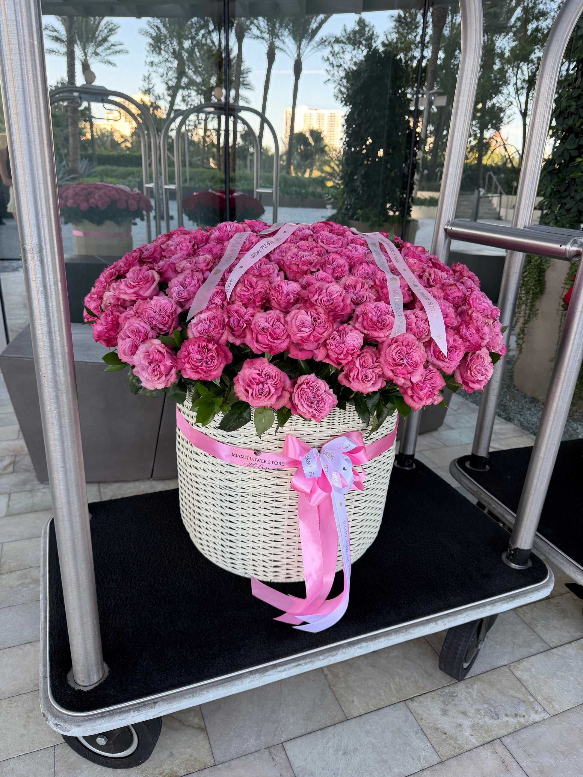 Pink Roses Flower Basket - Miami Flower Store Same-Day Delivery Fort Lauderdale Brickell Aventura Las Olas Hallendale Beach Hollywood Sunny Isles
