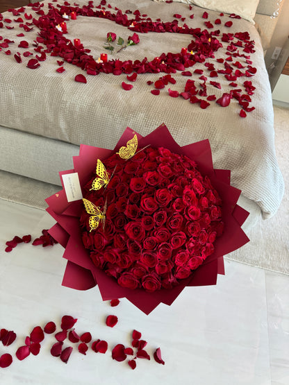 Romantic Room Decoration, 100 Red Rose Bouquet, Petals, Balloons, Candles & Chocolate - Miami Flower Store Delivery Fort Lauderdale