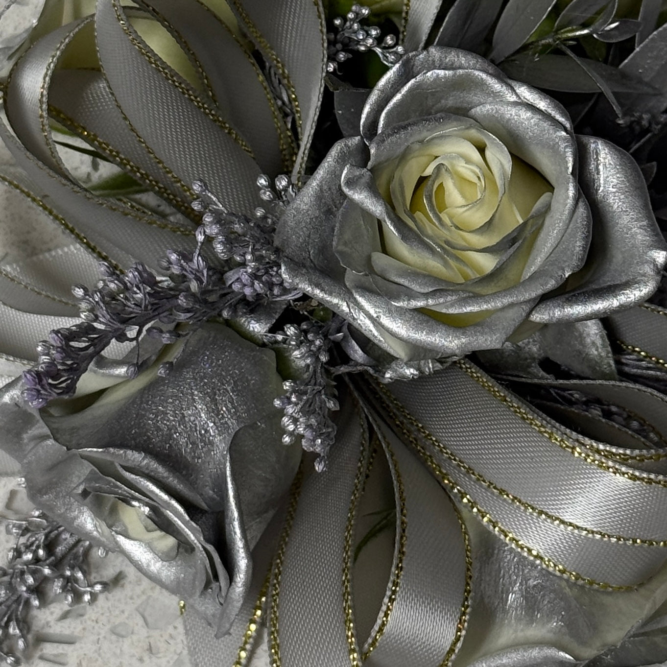 Silver Wrist Corsage And Boutonnniere /Two Pieces - Miami Flower Store Same-Day Delivery Fort Lauderdale Brickell Aventura Las Olas Hallendale Beach Hollywood Sunny Isles