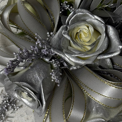 Silver Wrist Corsage And Boutonnniere /Two Pieces - Miami Flower Store Same-Day Delivery Fort Lauderdale Brickell Aventura Las Olas Hallendale Beach Hollywood Sunny Isles