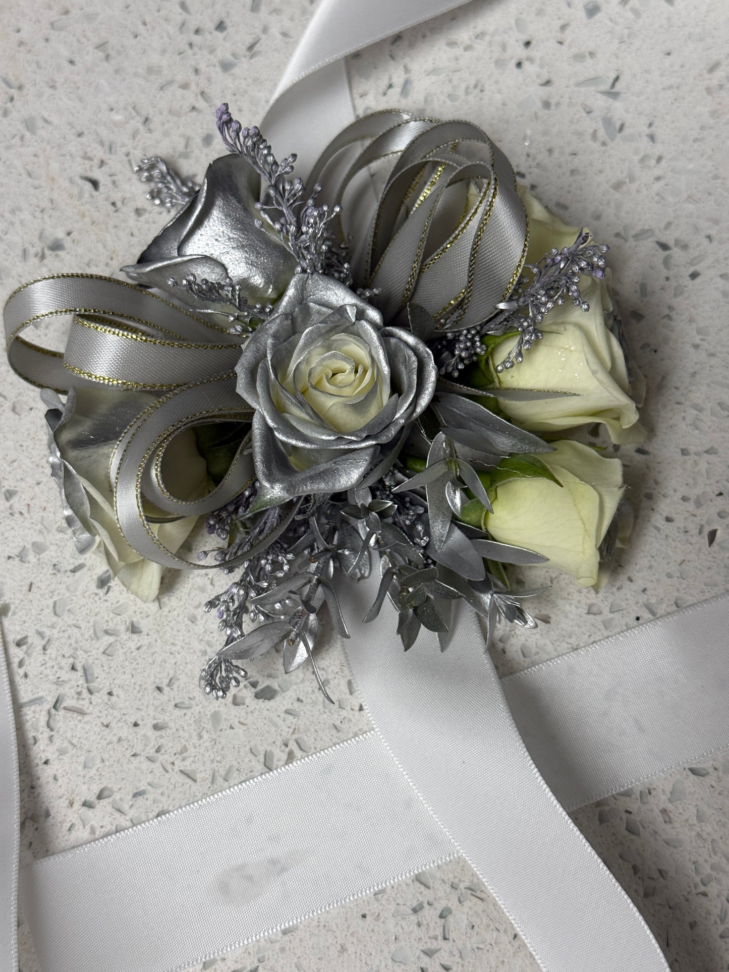Silver Wrist Corsage And Boutonnniere /Two Pieces - Miami Flower Store Same-Day Delivery Fort Lauderdale Brickell Aventura Las Olas Hallendale Beach Hollywood Sunny Isles