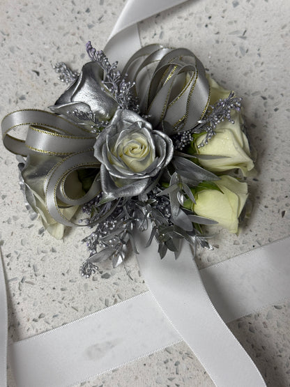 Silver Wrist Corsage And Boutonnniere /Two Pieces - Miami Flower Store Same-Day Delivery Fort Lauderdale Brickell Aventura Las Olas Hallendale Beach Hollywood Sunny Isles