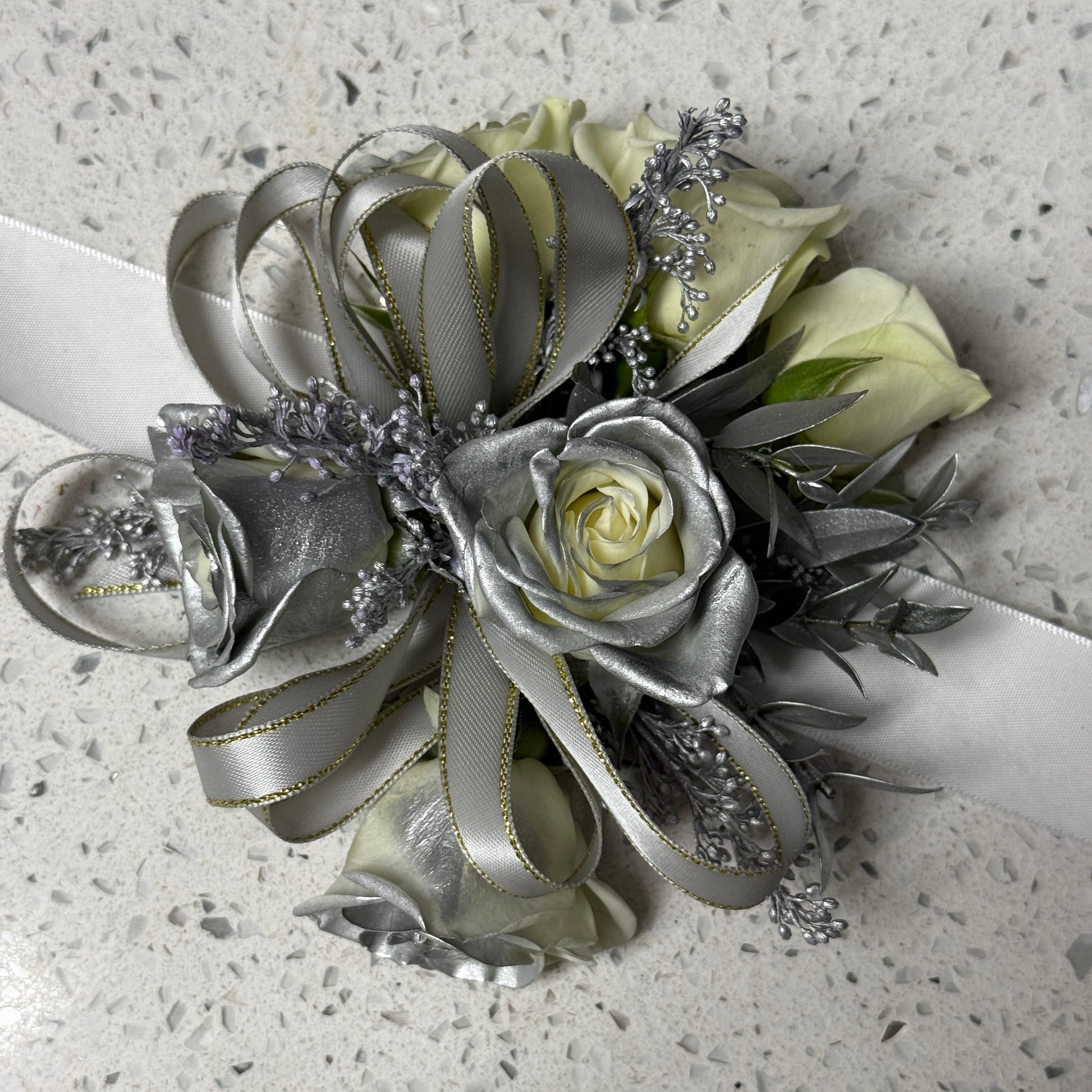 Silver Wrist Corsage And Boutonnniere /Two Pieces - Miami Flower Store Same-Day Delivery Fort Lauderdale Brickell Aventura Las Olas Hallendale Beach Hollywood Sunny Isles