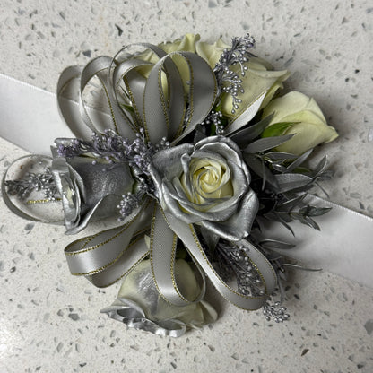 Silver Wrist Corsage And Boutonnniere /Two Pieces - Miami Flower Store Same-Day Delivery Fort Lauderdale Brickell Aventura Las Olas Hallendale Beach Hollywood Sunny Isles