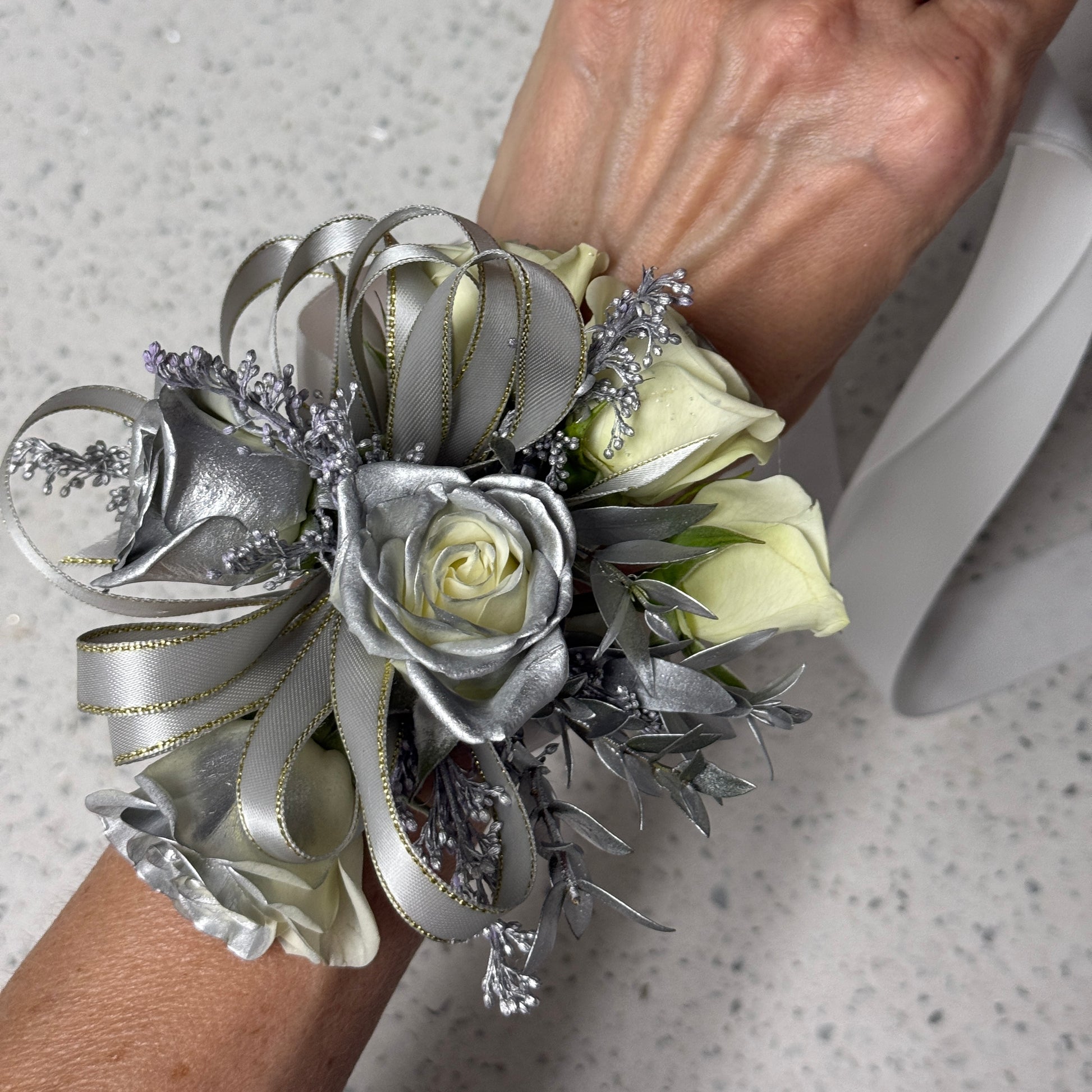 Silver Wrist Corsage And Boutonnniere /Two Pieces - Miami Flower Store Same-Day Delivery Fort Lauderdale Brickell Aventura Las Olas Hallendale Beach Hollywood Sunny Isles
