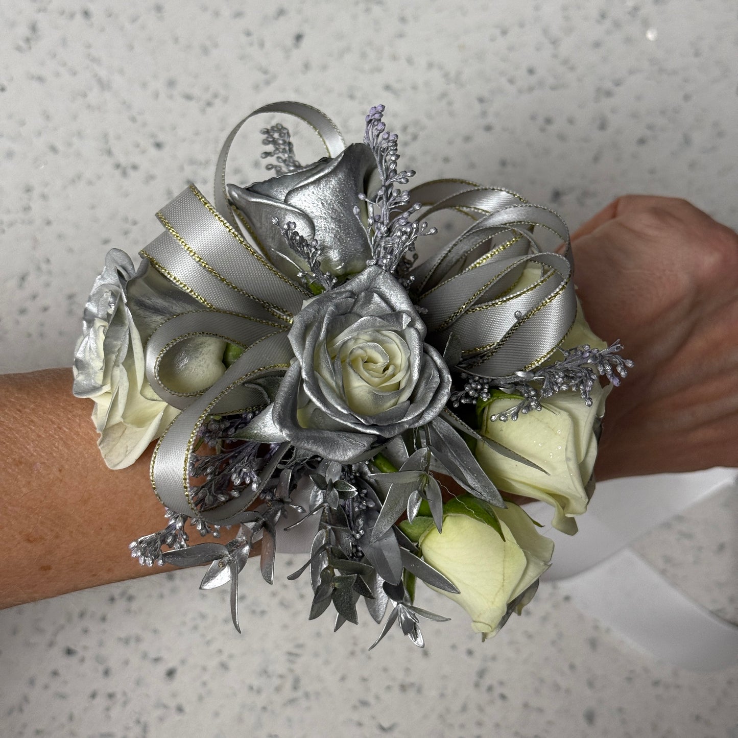 Silver Wrist Corsage And Boutonnniere /Two Pieces - Miami Flower Store Same-Day Delivery Fort Lauderdale Brickell Aventura Las Olas Hallendale Beach Hollywood Sunny Isles