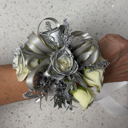 Silver Wrist Corsage And Boutonnniere /Two Pieces - Miami Flower Store Same-Day Delivery Fort Lauderdale Brickell Aventura Las Olas Hallendale Beach Hollywood Sunny Isles