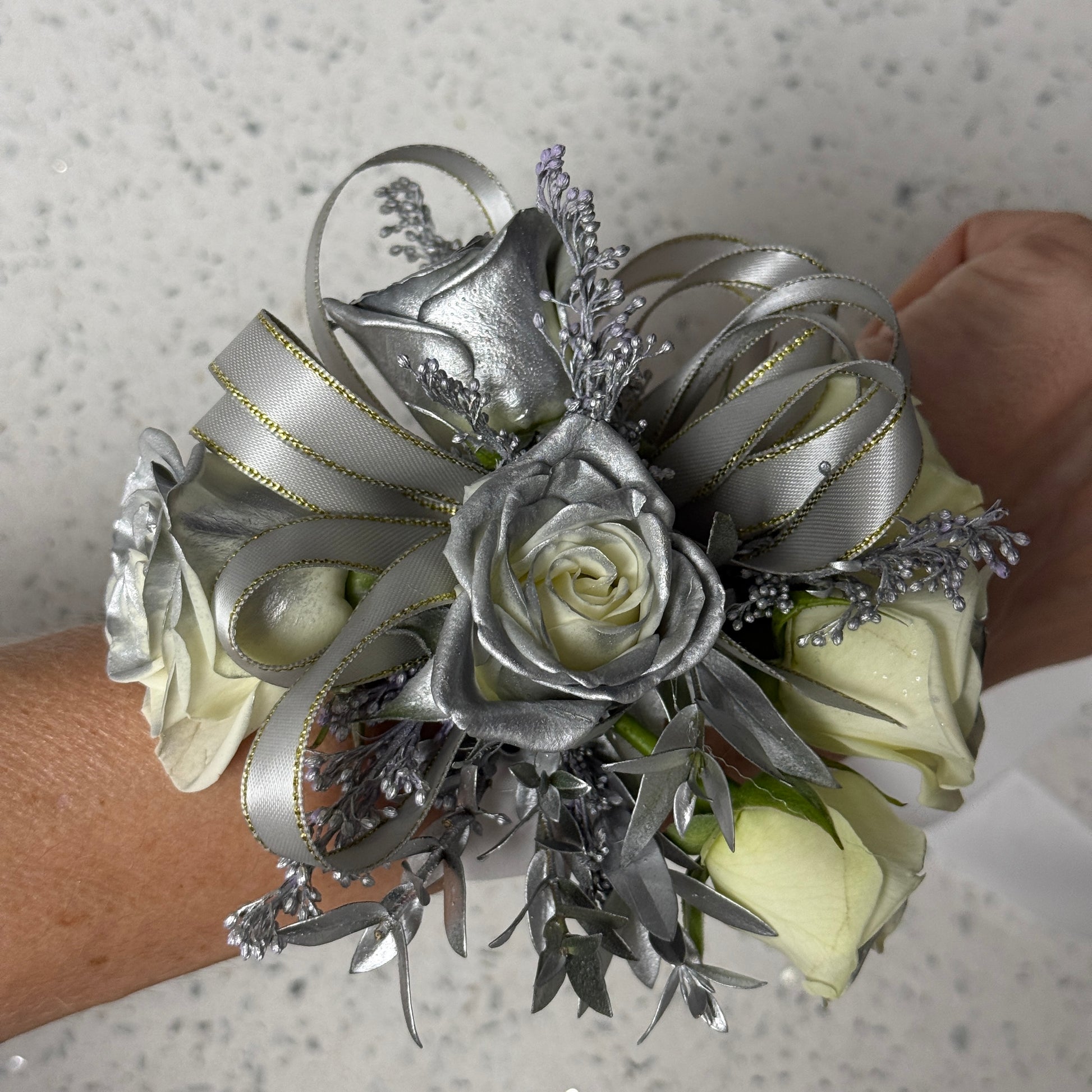 Silver Wrist Corsage And Boutonnniere /Two Pieces - Miami Flower Store Same-Day Delivery Fort Lauderdale Brickell Aventura Las Olas Hallendale Beach Hollywood Sunny Isles