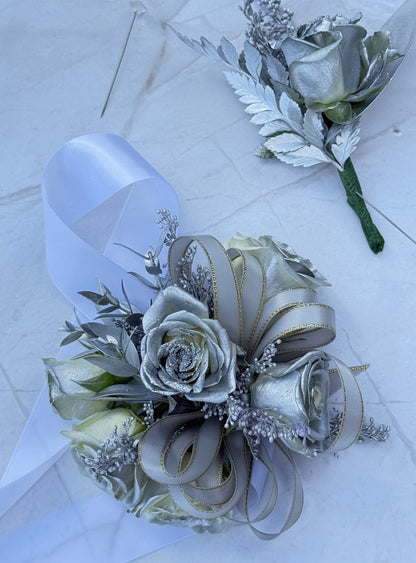 Silver Wrist Corsage And Boutonnniere /Two Pieces - Miami Flower Store Same-Day Delivery Fort Lauderdale Brickell Aventura Las Olas Hallendale Beach Hollywood Sunny Isles