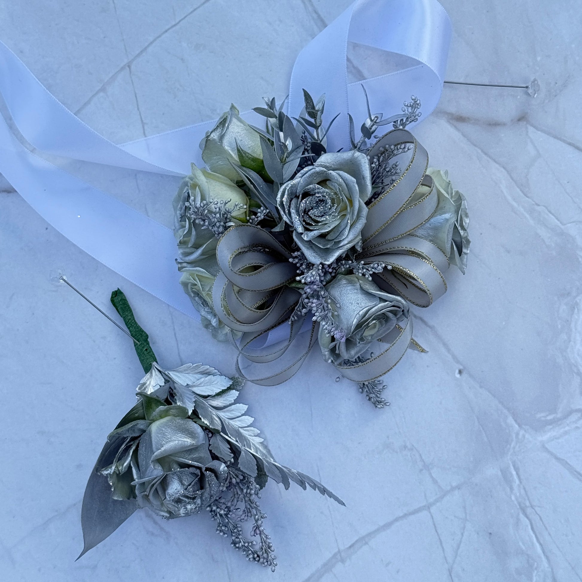 Silver Wrist Corsage And Boutonnniere /Two Pieces - Miami Flower Store Same-Day Delivery Fort Lauderdale Brickell Aventura Las Olas Hallendale Beach Hollywood Sunny Isles