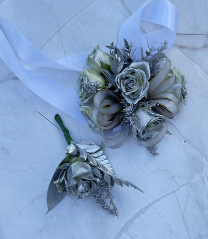 Silver Wrist Corsage And Boutonnniere /Two Pieces - Miami Flower Store Same-Day Delivery Fort Lauderdale Brickell Aventura Las Olas Hallendale Beach Hollywood Sunny Isles