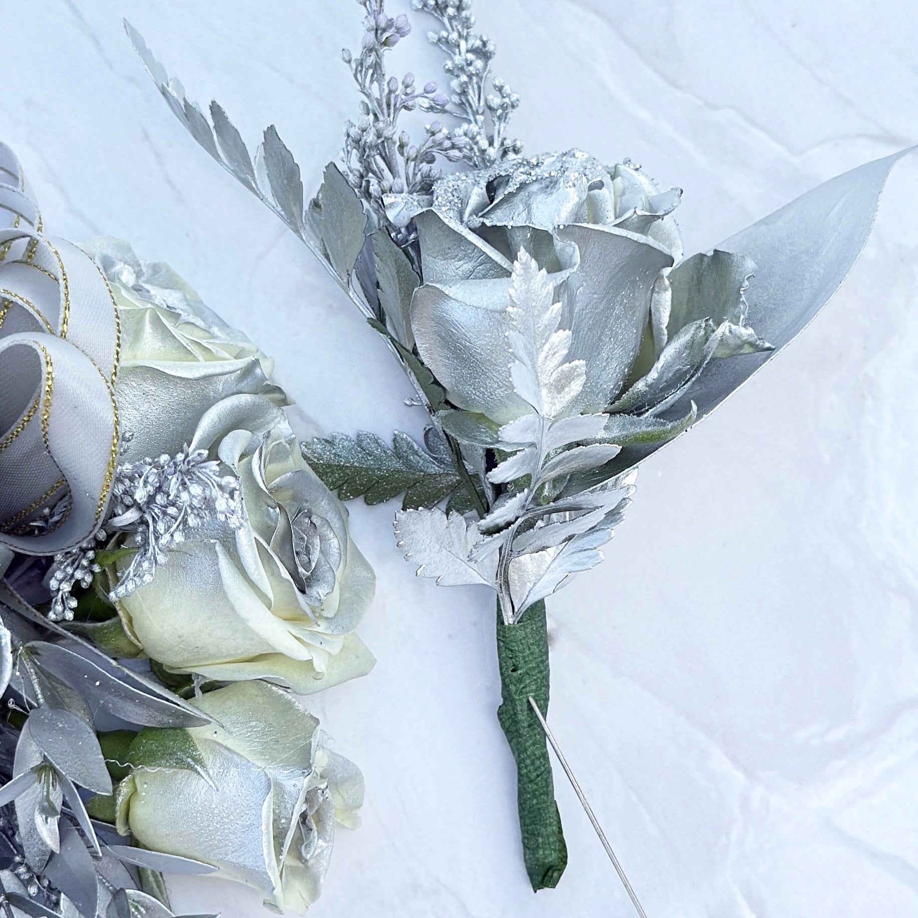 Silver Wrist Corsage And Boutonnniere /Two Pieces - Miami Flower Store Same-Day Delivery Fort Lauderdale Brickell Aventura Las Olas Hallendale Beach Hollywood Sunny Isles