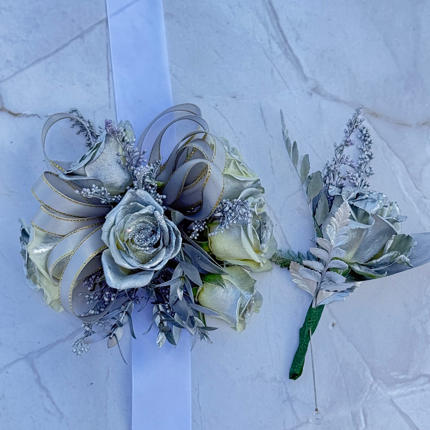 Silver Wrist Corsage And Boutonnniere /Two Pieces - Miami Flower Store Same-Day Delivery Fort Lauderdale Brickell Aventura Las Olas Hallendale Beach Hollywood Sunny Isles