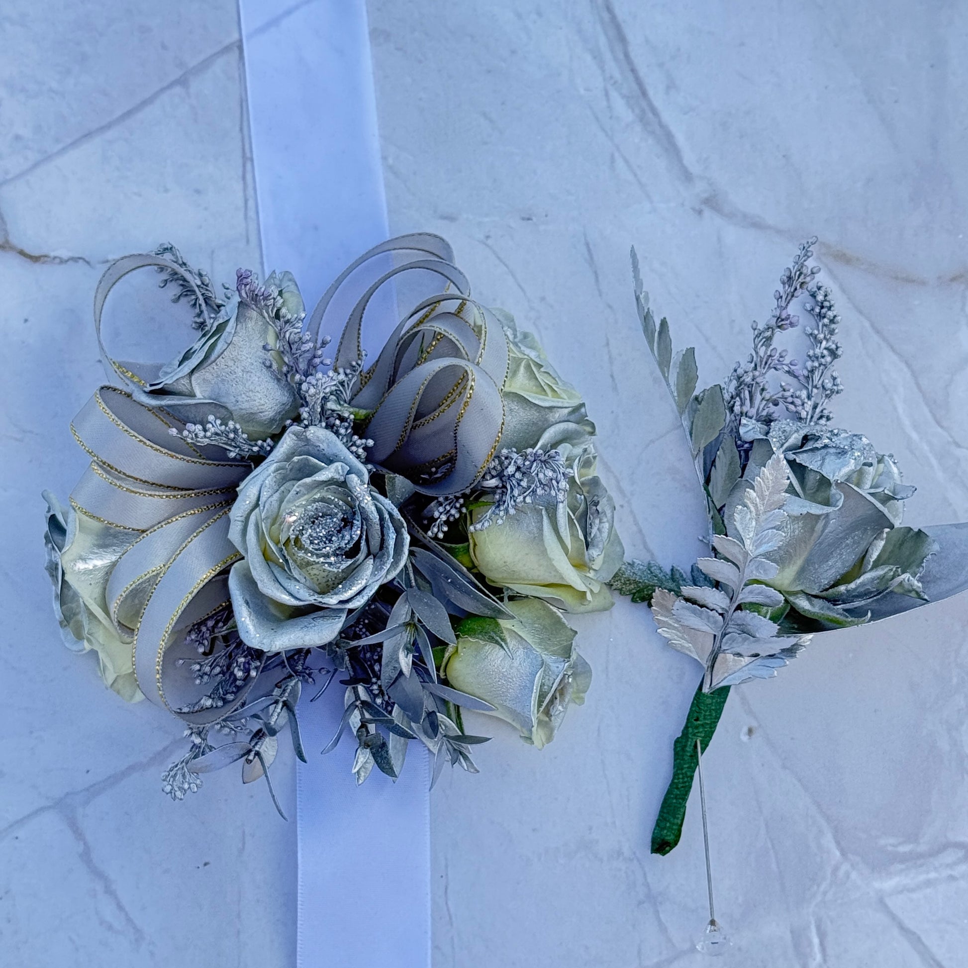 Silver Wrist Corsage And Boutonnniere /Two Pieces - Miami Flower Store Same-Day Delivery Fort Lauderdale Brickell Aventura Las Olas Hallendale Beach Hollywood Sunny Isles
